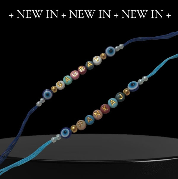 Customized Beads Rakhi with Name & Evil Eye Charm – Personalized Raksha Bandhan