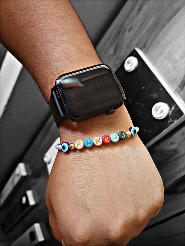 Customized Beads Rakhi with Name & Evil Eye Charm – Personalized Raksha Bandhan