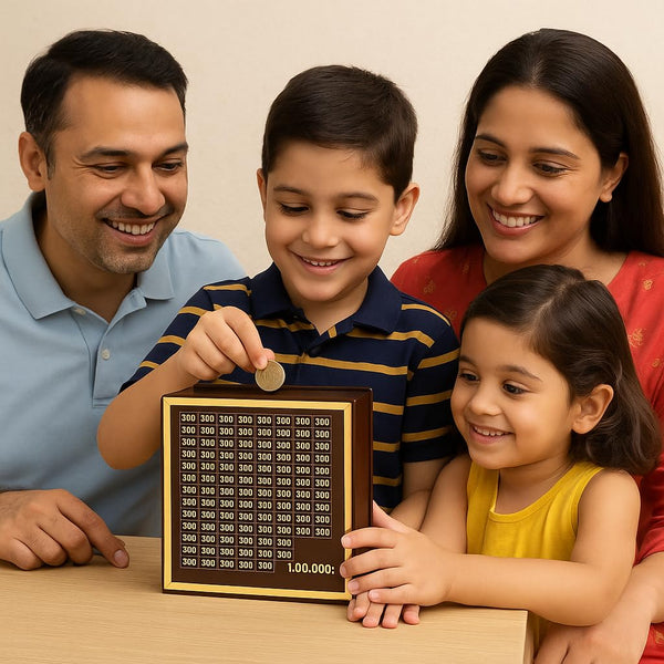 Premium Wooden 1 Lakh Money Saving Box with Gold Frame β Stylish Indian Currency Tracker Bank
