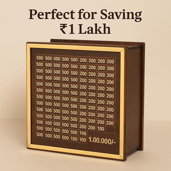 Premium Wooden 1 Lakh Money Saving Box with Gold Frame β Stylish Indian Currency Tracker Bank