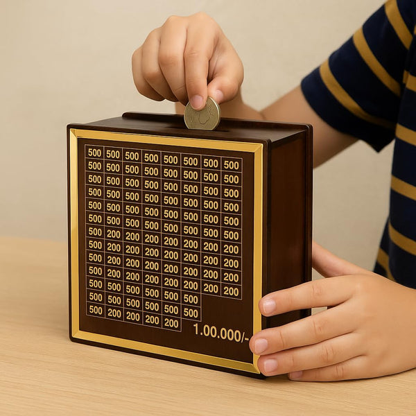 Premium Wooden 1 Lakh Money Saving Box with Gold Frame β Stylish Indian Currency Tracker Bank