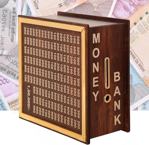 Wooden Money Saving Box for ₹1 Lakh Goal – Piggy Bank for Adults & Kids